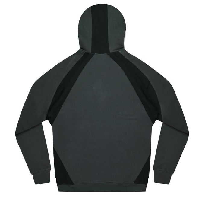 A grey and black hooded jumper featuring a sleek design and a logo on the front.