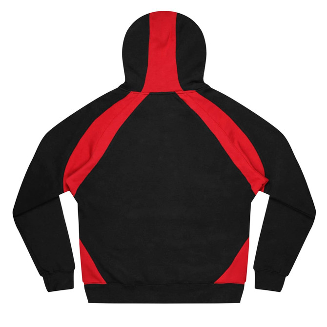 A black hoodie with red accents on the shoulders and back, featuring a hood and long sleeves.