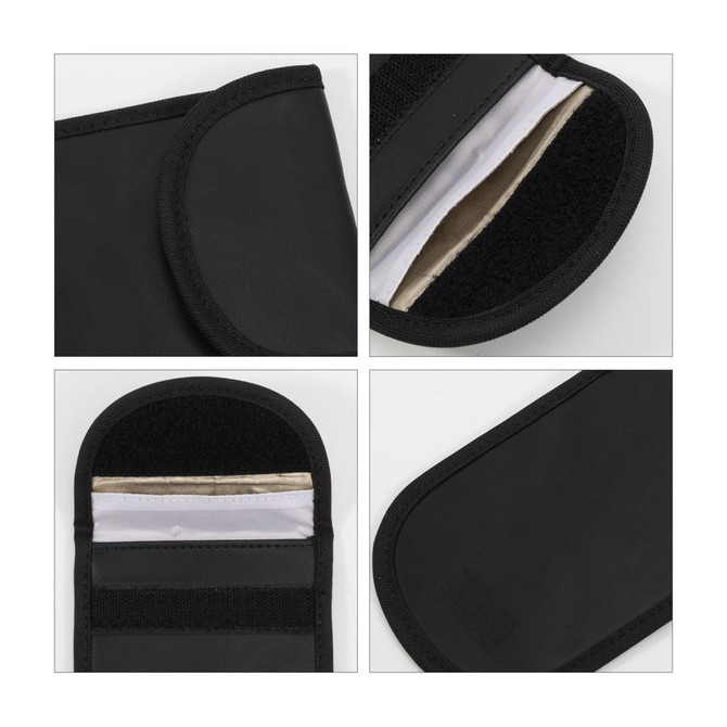A black PU Faraday signal blocking pouch with a Velcro closure and interior lining visible. Includes various angles of the pouch.