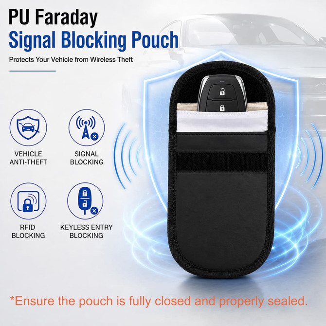 A black PU Faraday signal blocking pouch with a key fob inside, designed for vehicle security against wireless theft.