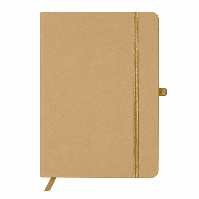 A cardboard-coloured A5 notebook featuring a textured cover, an elastic closure, and a bookmark ribbon.