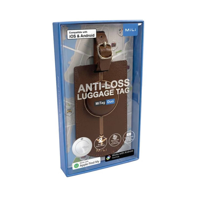 A brown luggage tag in a box with a logo, featuring a tracker and a stylish design for travel.