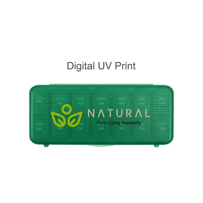 A green 7-day pill organiser with compartments, featuring a logo on the front.