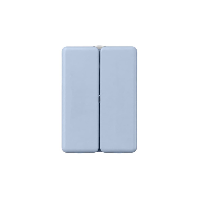 A light blue folding pill box with seven compartments and a logo on the surface.
