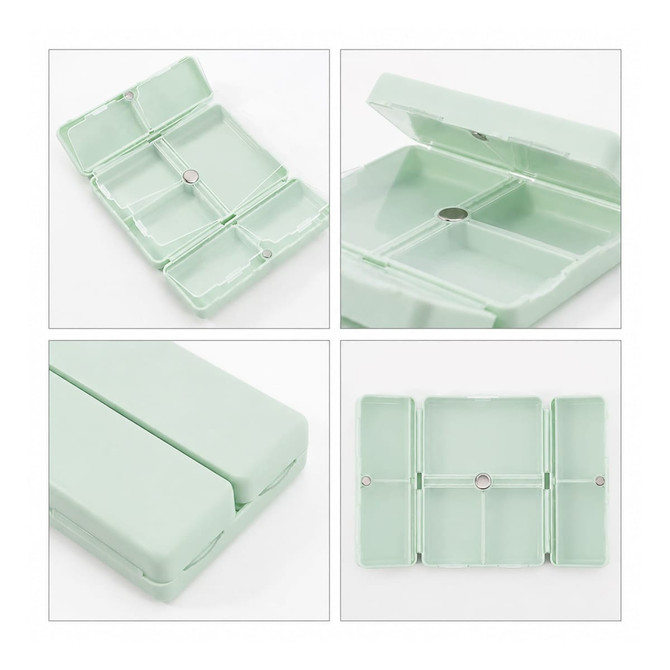 A light green folding pill box with seven compartments, featuring a small button for secure closure.