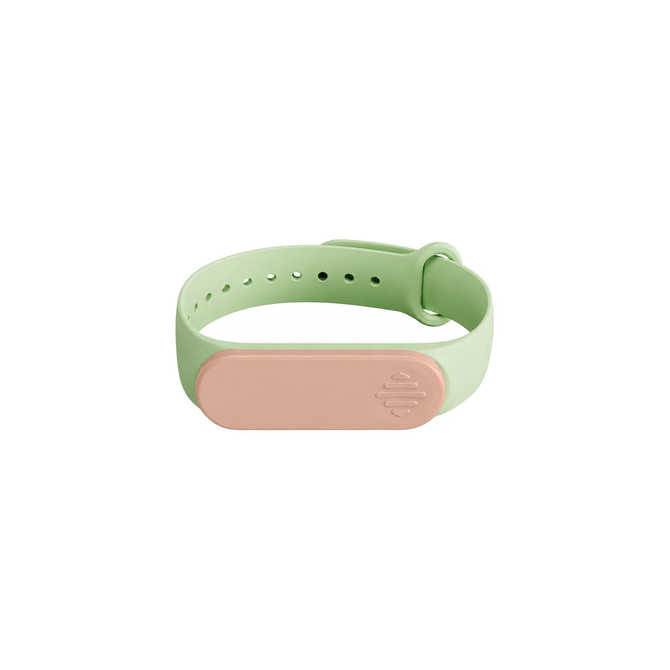 A green wristband with a pink oval-shaped detail and a logo. Adjustable with perforations for sizing.