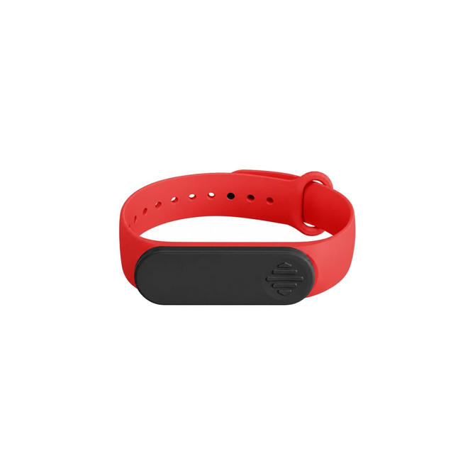 A red wristband with a black rectangular feature and a logo, made from flexible material.