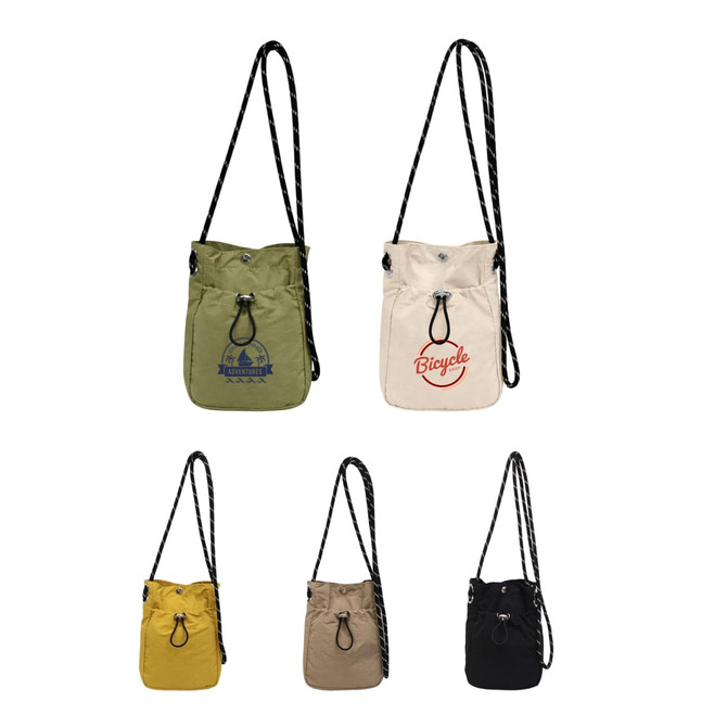 A collection of lightweight shoulder phone bags in green, beige, black, khaki, and a cream version with a logo.