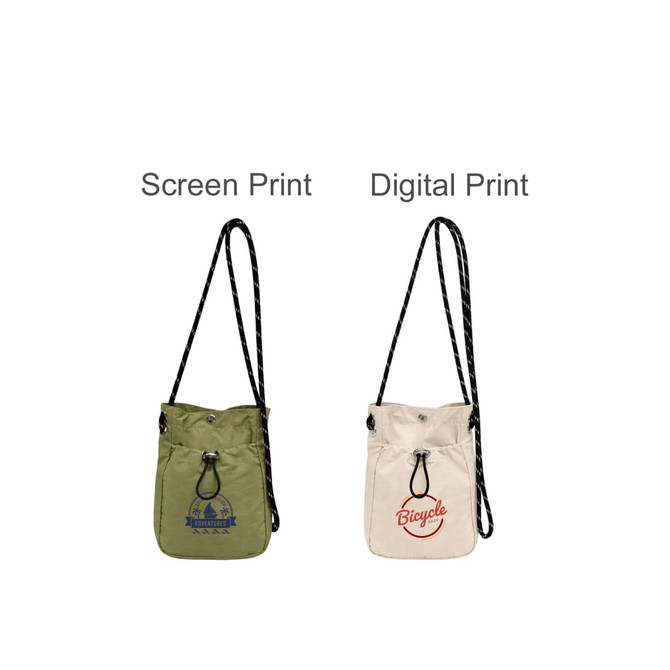 A lightweight shoulder phone bag in olive green and cream, featuring adjustable straps and a logo.