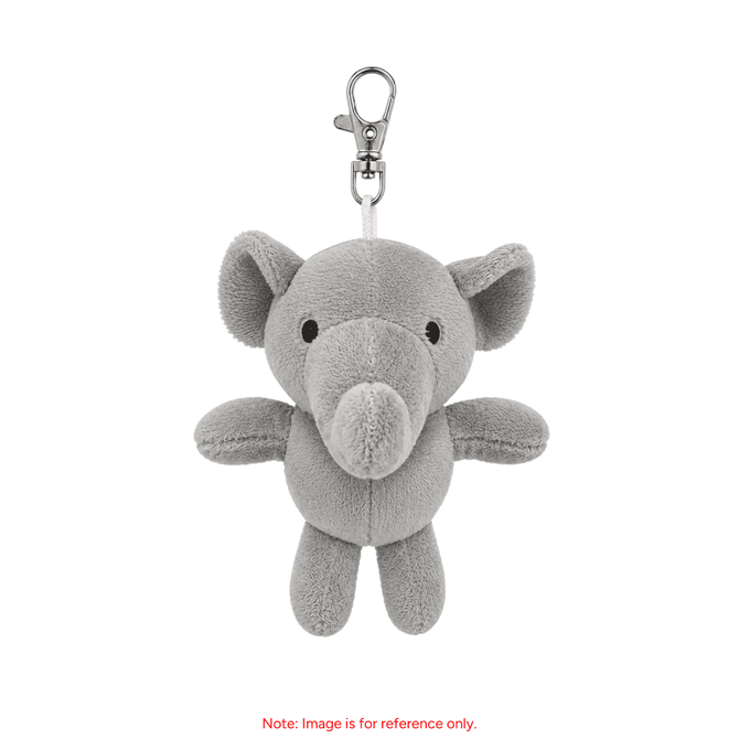 A grey elephant plush keyring with a clip, featuring a cute and soft design, ideal for personalisation.
