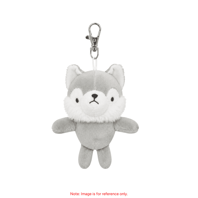 A grey plush keyring in the shape of a cute animal with a clip for attachment.