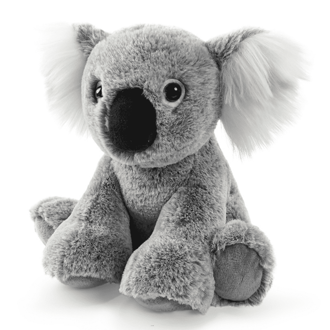 A grey koala plush toy with fluffy ears and a round face, featuring a black nose and soft fabric.