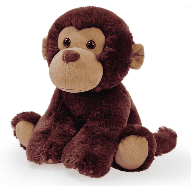A plush toy of a brown monkey with soft fur and large eyes, sitting with its hands on its knees.