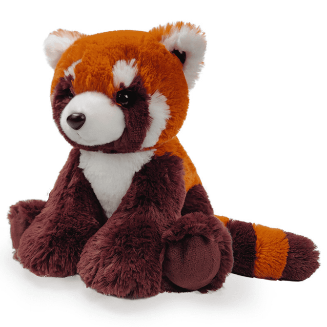 A plush toy of a red panda featuring orange and brown fur with white accents and a striped tail.