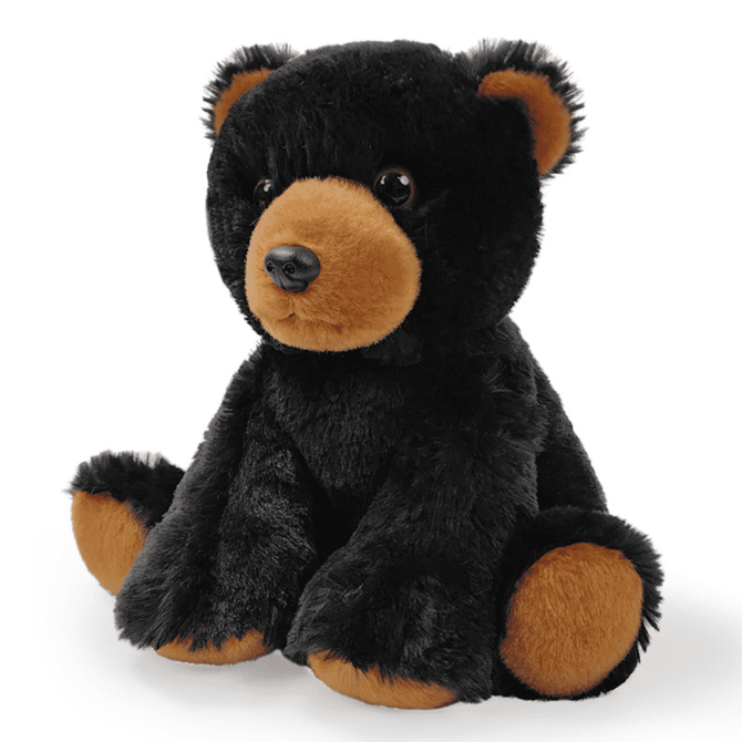 A custom plush toy bear in black and brown, featuring soft fur and a friendly expression. It has a branded logo.