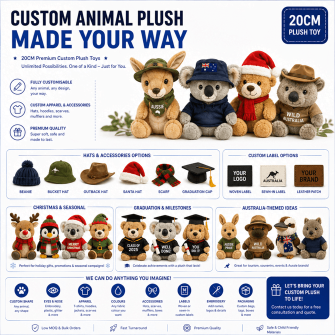 A 20cm custom animal plush toy display featuring various styles and accessories in multiple colours, with a logo present.