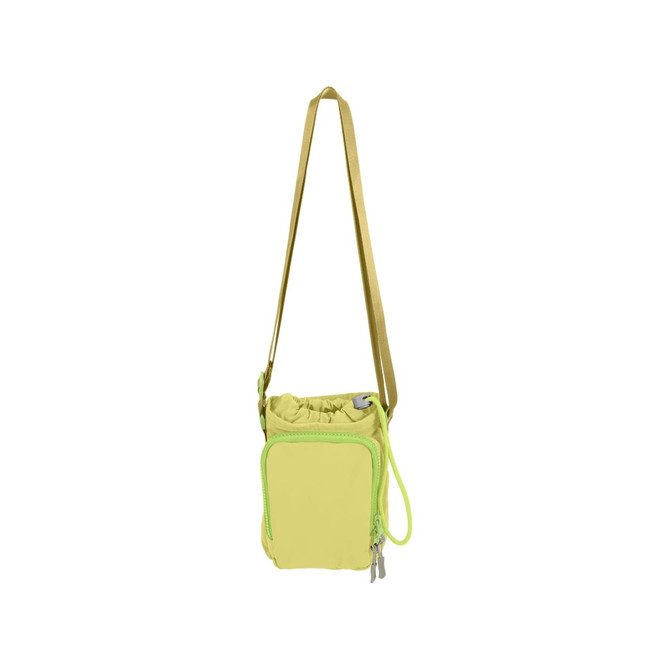 A drink bottle holder in bright yellow with a green zipper, featuring an adjustable strap and a drawstring closure.