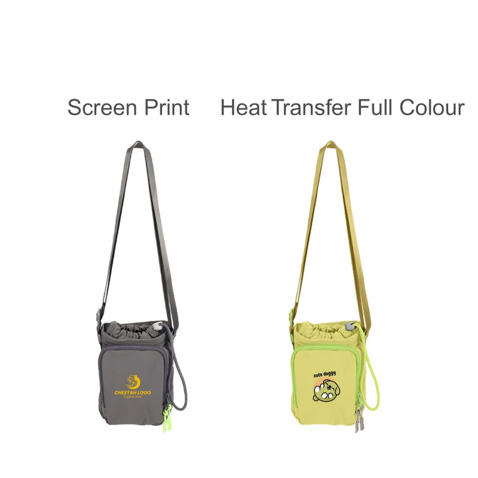 A drink bottle holder with a strap, available in grey and yellow, featuring branding on the front.