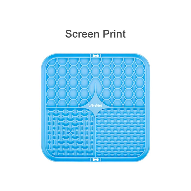 A blue 3-section dog enrichment lick mat featuring different textured patterns in each section, with a logo present.