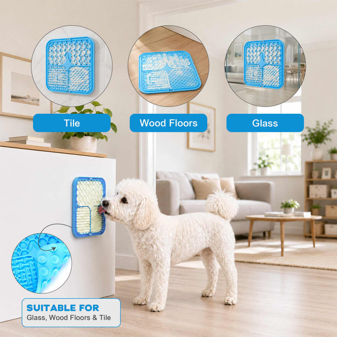 A blue, three-section dog enrichment lick mat with textured surfaces, suitable for tiles, wood floors, and glass.