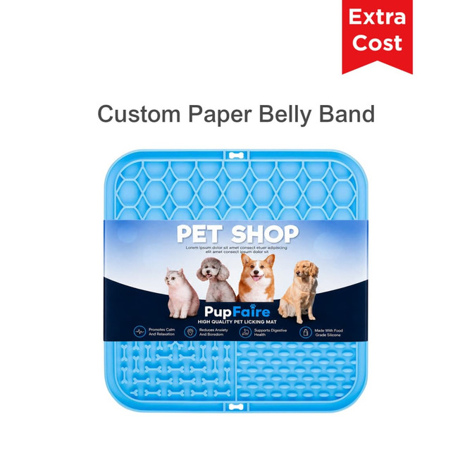A blue, 3-section dog enrichment lick mat with textured surfaces. It features a logo and promotional branding.
