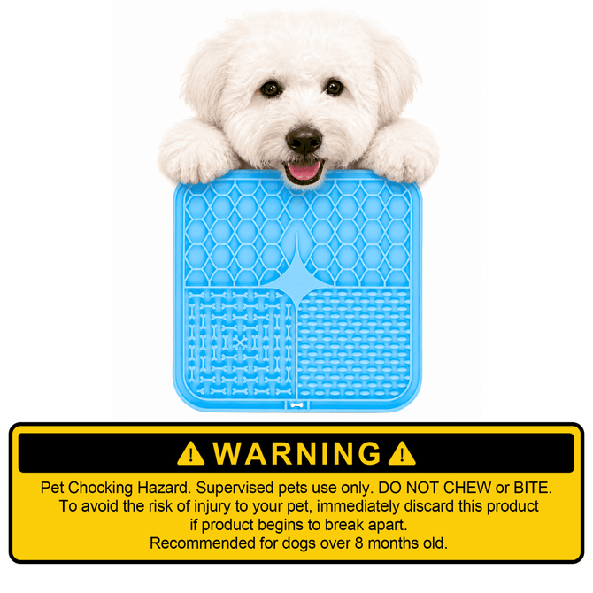 A blue, three-section dog enrichment lick mat with a small dog resting its head on top. The mat has a brand logo.