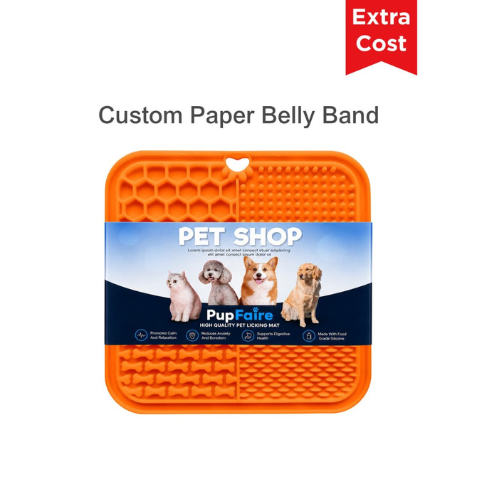 An orange 4-section dog enrichment lick mat featuring different textured surfaces, with a logo and branding.