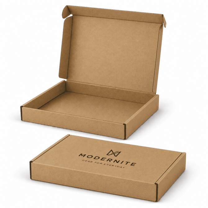A rectangular, die-cut packaging box in brown cardboard, featuring a logo on the front and an open lid design.
