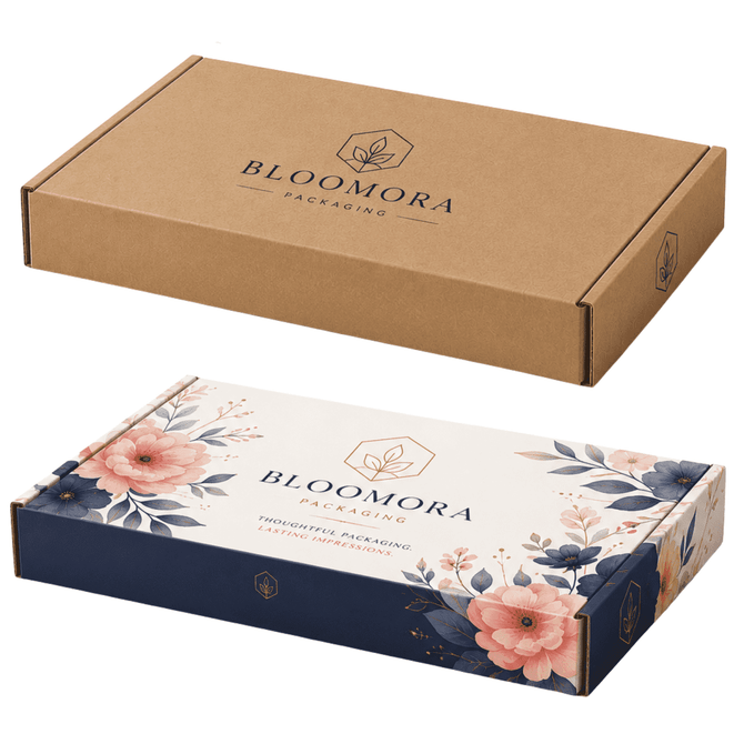 A die-cut packaging box with a floral design, featuring both a brown and a decorated exterior, includes a branding logo.