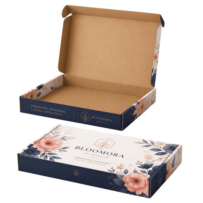 A die-cut packaging box with a floral design, featuring a locking lid, in shades of navy blue and cream.