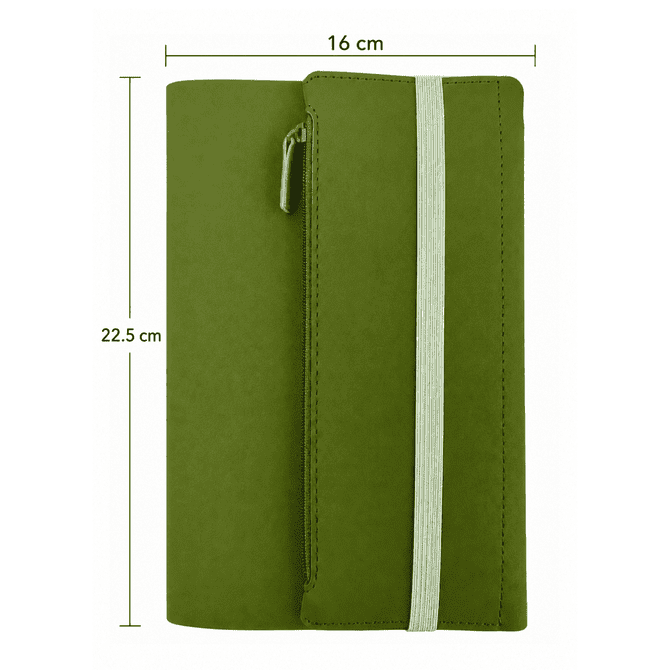 A green executive soft-touch PU leather notebook with a zippered pocket and an elastic band. Dimensions: 16 cm x 22.5 cm.