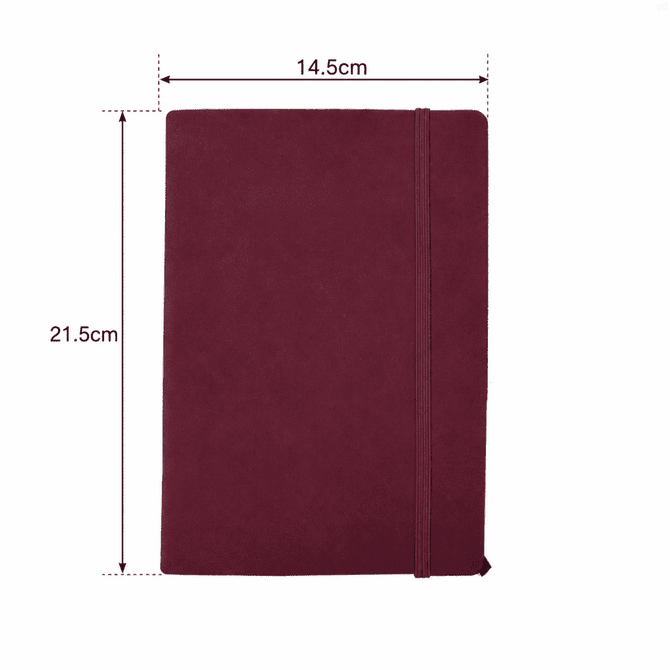 A burgundy textured PU hard cover notebook with elastic closure and dimensions of 14.5cm by 21.5cm.