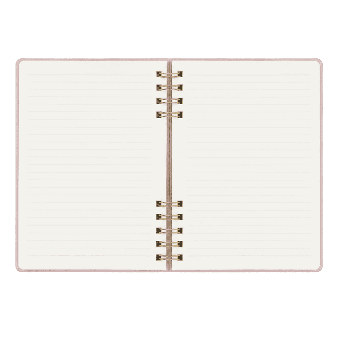 A Twin-Spiral PU hardcover notebook with lined pages and a metallic spiral binding in a soft pink design.