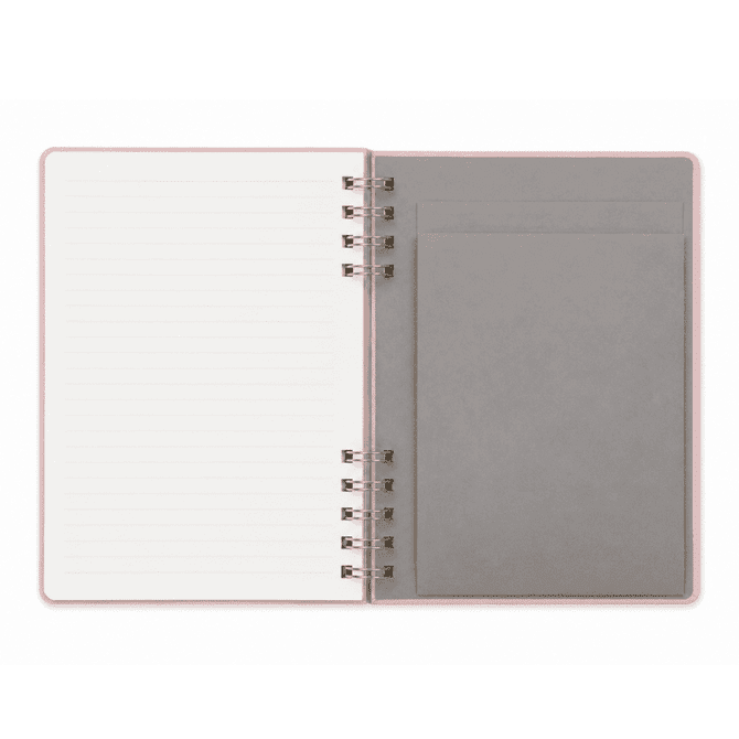 A Twin-Spiral PU hardcover notebook featuring lined pages and a grey pocket on the inside cover, with a soft pink exterior.