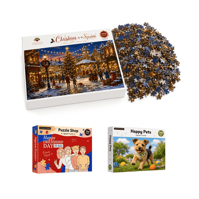 A collection of jigsaw puzzles in festive and playful themes, featuring colourful puzzle pieces and decorative boxes.