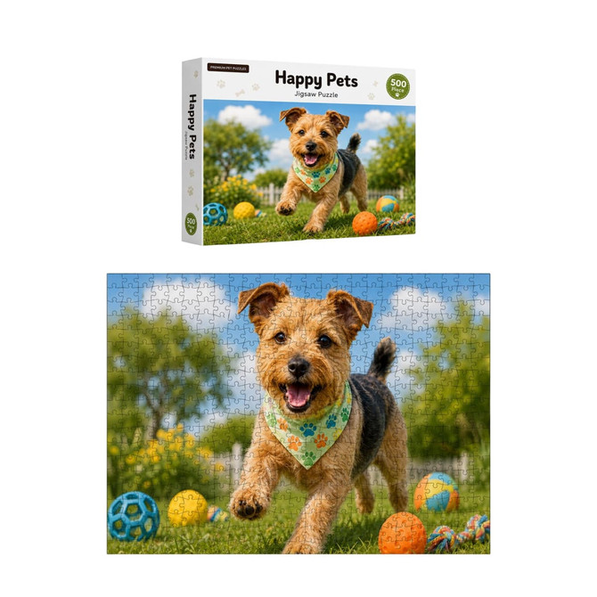 A jigsaw puzzle box featuring a spirited dog running through a garden surrounded by colourful balls. The puzzle depicts a vibrant outdoor scene.