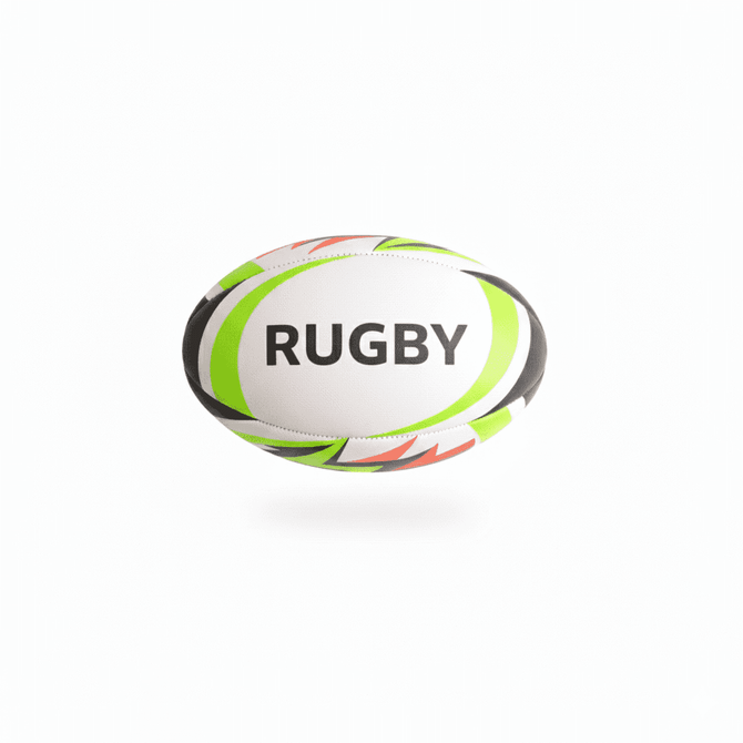 A rugby ball in white, green, and black, featuring a logo and vibrant coloured detailing.