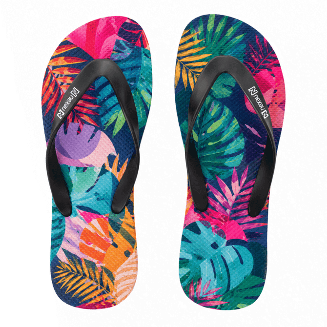 Colourful rubber thongs featuring a tropical leaf pattern in pink, green, and blue with black straps.