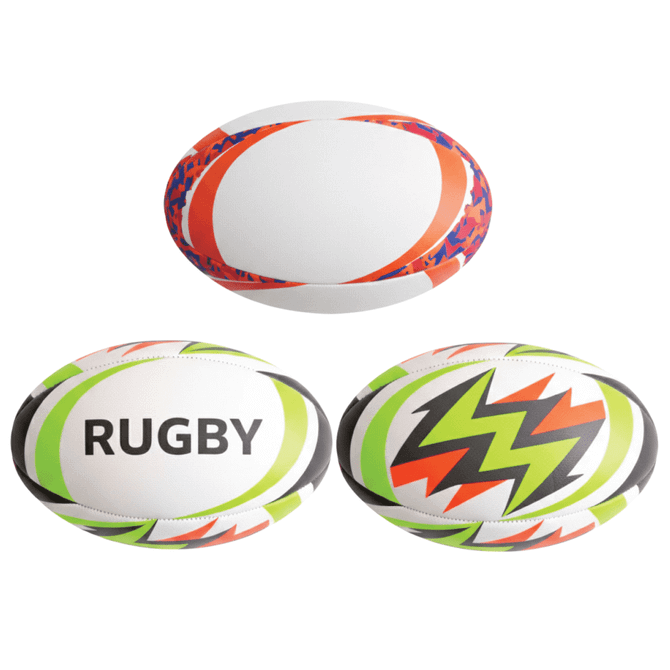 Three Size 5 rugby balls featuring a range of vibrant colours, including orange, green, and purple patterns. One ball has a logo.