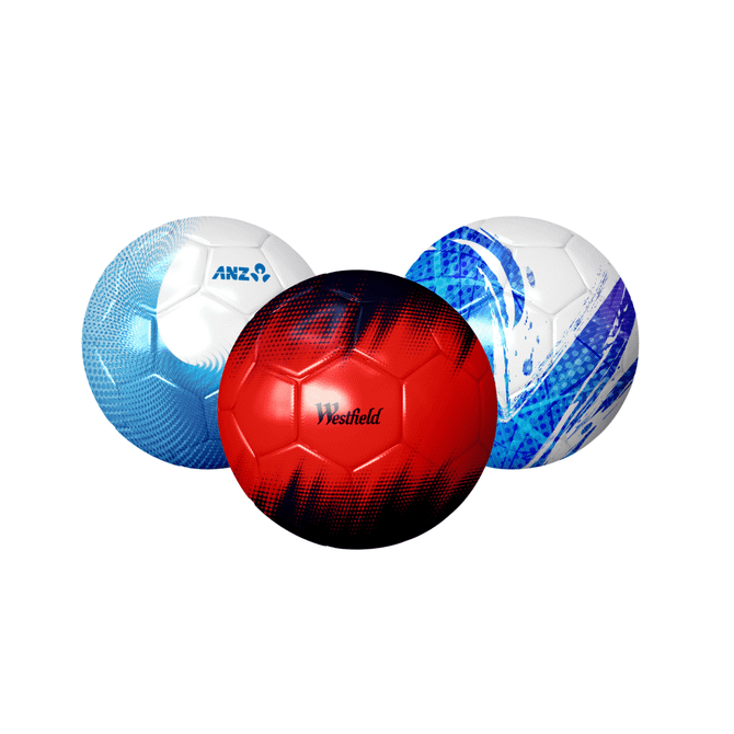 A children's size 3 soccer ball set featuring a red ball and two white and blue patterned balls, one with a logo.