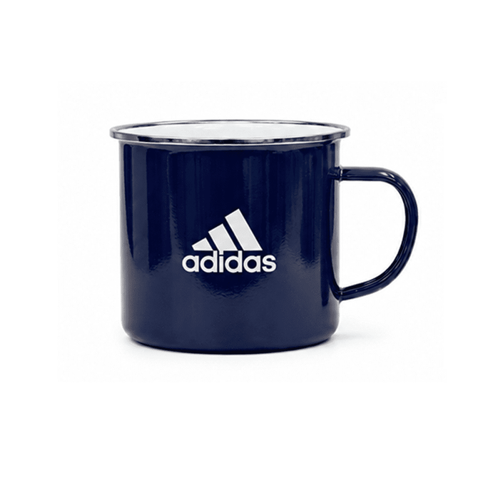 A drink mug in navy blue with a white logo. Features a handle and metallic finish.