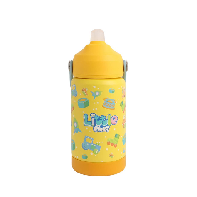 A drink bottle in yellow with a playful design featuring various colourful illustrations. It has a lid and a logo.