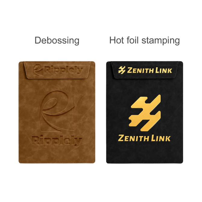 A4 magnetic clipboard in two styles: one in brown with debossing and one in black with gold hot foil stamping.