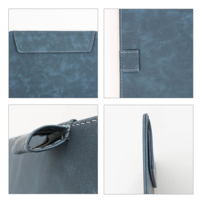 A4 magnetic clipboard in a textured blue finish, featuring a pocket and stitching details. Includes a logo.