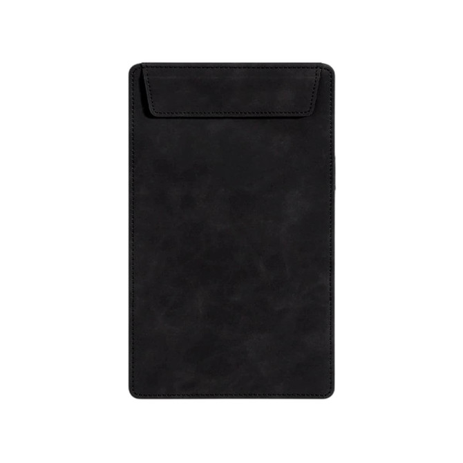 A5 magnetic clipboard in black with a smooth, textured surface and a pocket flap at the top.
