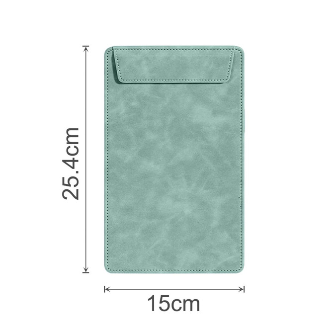 A5 magnetic clipboard in a teal colour with a smooth texture, featuring a top pocket and size dimensions marked.