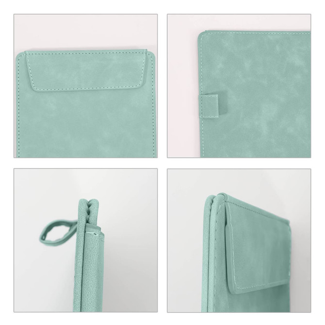 A5 magnetic clipboard in a light green colour, featuring a smooth textured surface and a convenient closure flap.