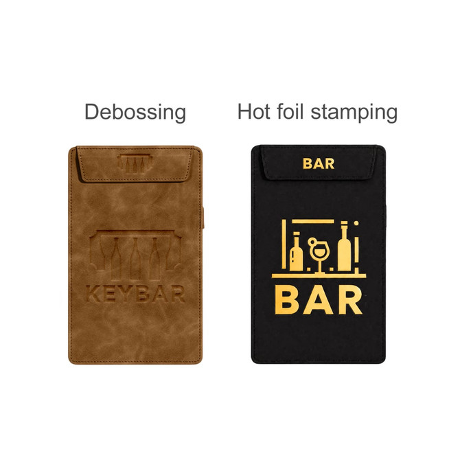 A5 magnetic clipboard featuring a brown textured surface with debossing and a black surface with gold hot foil stamping.