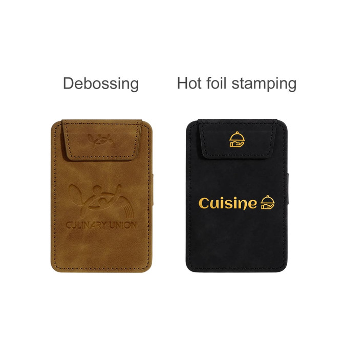 A brown suede clipboard with debossing and a black clipboard featuring hot foil stamping, both with logos.