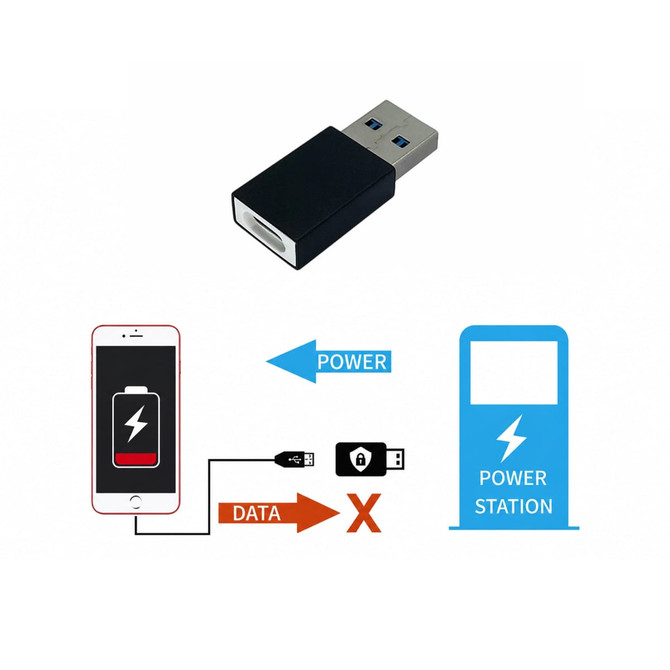 A USB data blocker in black, designed for standard charging, with a logo visible.